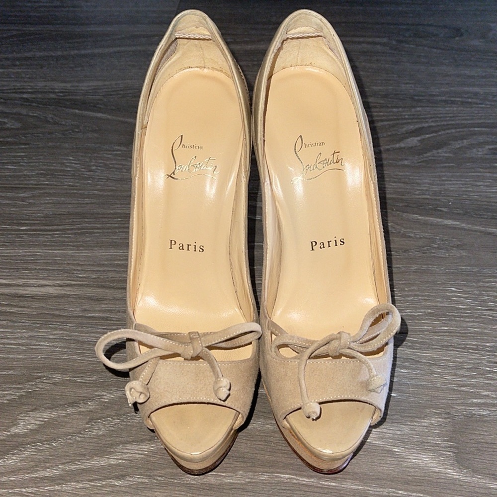 ☀️SOLD☀️Christian Louboutin Mavela Bow Mesh Pump Open Toe Platform Size 36.5 - Picture 3 of 14